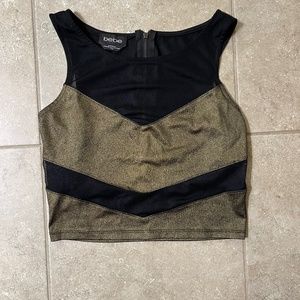 Bebe Black Mesh Metallic Gold Top Size Medium